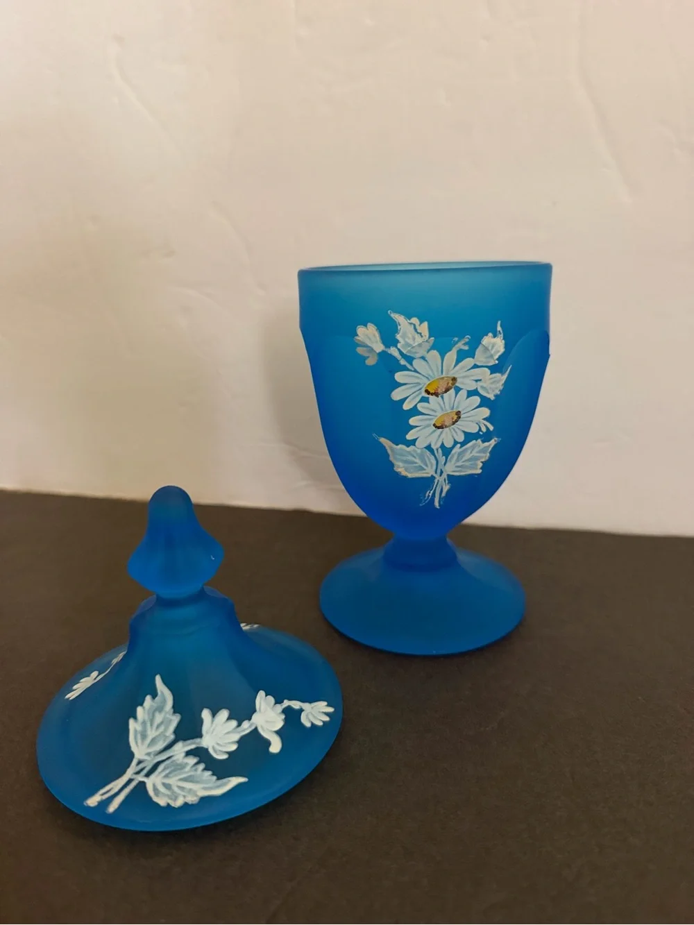 Blue Frosted Glass Apothecary Jar Lidded Hand-Painted White Daisies WESTMORELAND